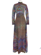 Long Sleeve Multicolor Dot Printed Jersey Gown Dress arcadeshops.com