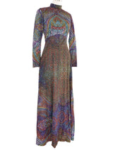 Long Sleeve Multicolor Dot Printed Jersey Gown Dress arcadeshops.com
