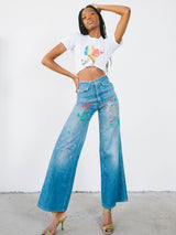 1970s Hand Painted Flared Denim Pants Bottom arcadeshops.com