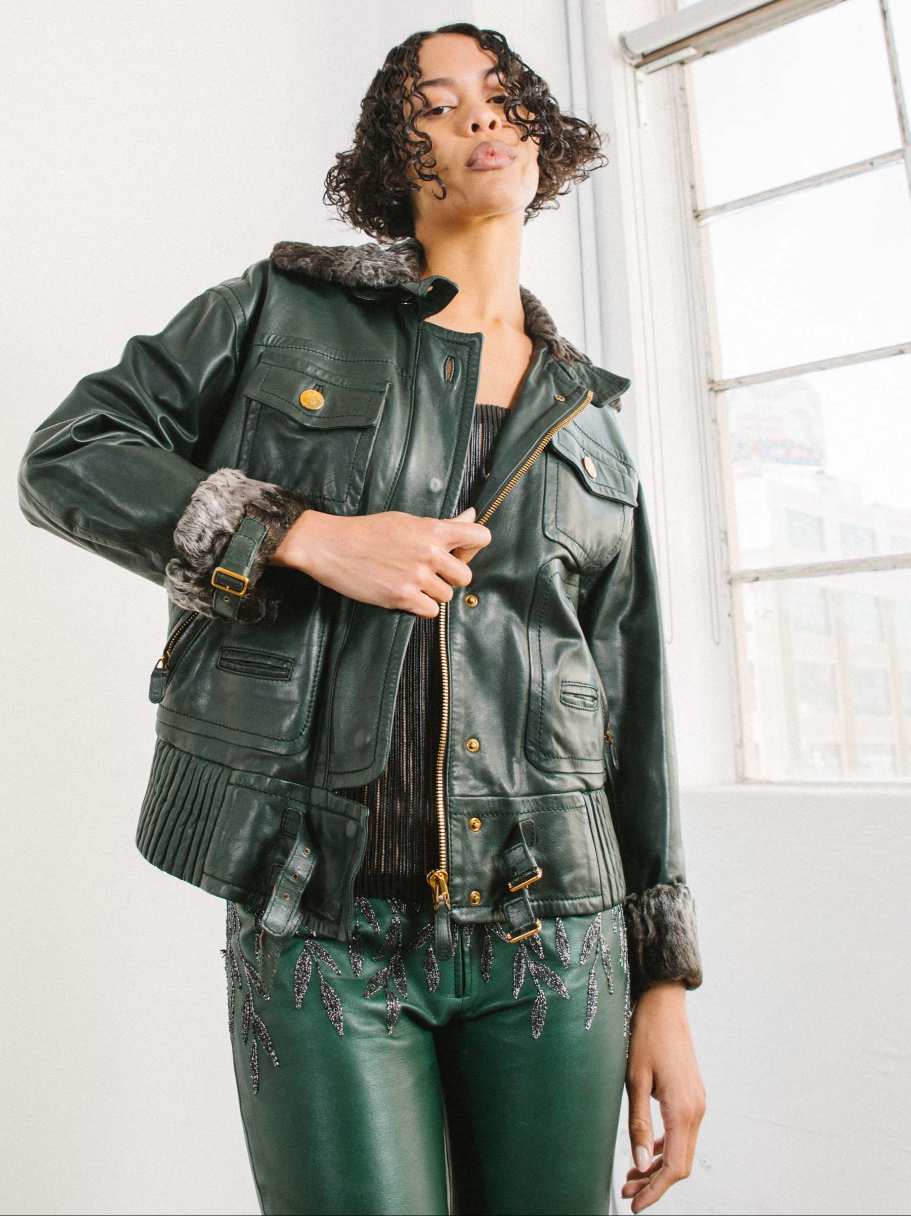 1990s Gucci Shearling Trimmed Leather Bomber Jacket
