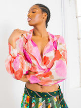 Chanel Pink Printed Chiffon Cropped Blouse Top arcadeshops.com