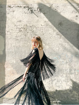 1960s Black Fringe Cut Out Gown Dress arcadeshops.com