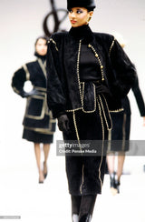 1984 Yves Saint Laurent Metallic Whipstitch Black Suede Skirt Bottom arcadeshops.com
