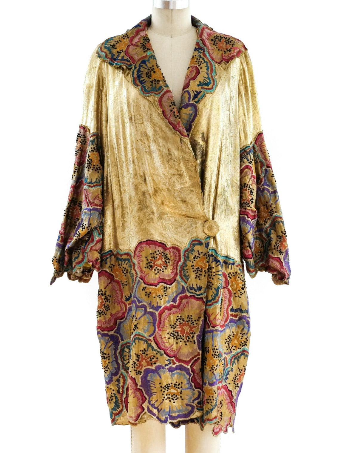 1920's Gold Lame Opera Coat with Floral Embroidery 1920's Gold Lame Opera Coat with Floral Embroidery
