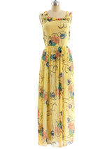 1930's Floral Painted Yellow Net Dress Dress arcadeshops.com