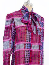 Plaid Printed Silk Chiffon Blouse Top arcadeshops.com