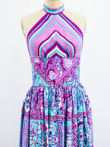 Donald Brooks Patchwork Print Halter Gown with Scarf Dress arcadeshops.com