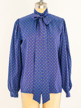 Yves Saint Laurent Blue Silk Tie Neck Blouse Top arcadeshops.com