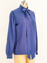 Yves Saint Laurent Blue Silk Tie Neck Blouse Top arcadeshops.com