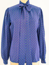 Yves Saint Laurent Blue Silk Tie Neck Blouse Top arcadeshops.com