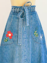 Denim Wrap Skirt with Floral Applique Skirt arcadeshops.com