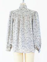 Yves Saint Laurent Silver Jacquard Tie Neck Blouse Top arcadeshops.com