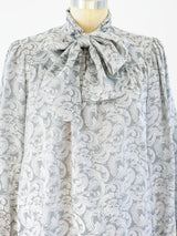 Yves Saint Laurent Silver Jacquard Tie Neck Blouse Top arcadeshops.com