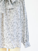 Yves Saint Laurent Silver Jacquard Tie Neck Blouse Top arcadeshops.com