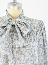Yves Saint Laurent Silver Jacquard Tie Neck Blouse Top arcadeshops.com