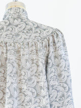 Yves Saint Laurent Silver Jacquard Tie Neck Blouse Top arcadeshops.com
