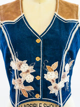 Floral Applique Denim and Suede Vest Top arcadeshops.com
