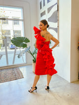 1980's Red Ruched Bow Back Dress Dress arcadeshops.com