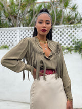 Fringe Trimmed Silk Blouse Top arcadeshops.com