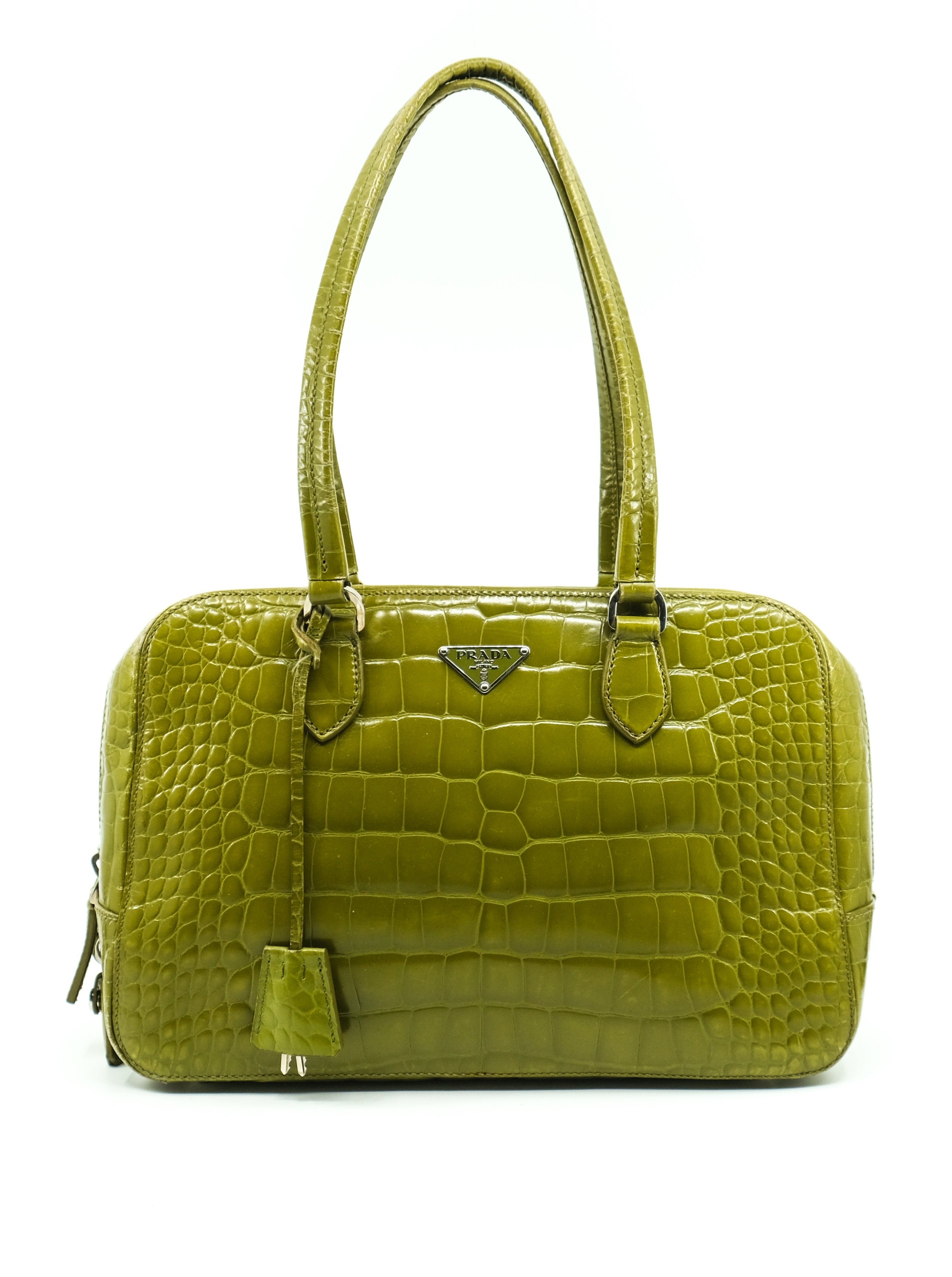 Genuine Prada Bauletto Shoulder Bag / Tote Handbag Green & Black Banana  Motif 