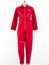 Red Denim Zipper Jumpsuit Suit arcadeshops.com
