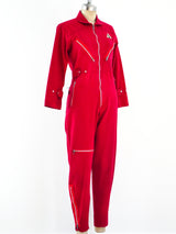 Red Denim Zipper Jumpsuit Suit arcadeshops.com