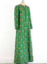 Green Brocade Button Front Maxi Coat Jacket arcadeshops.com