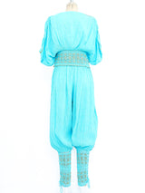Turquoise Cotton Gauze Pleated Ensemble Suit arcadeshops.com