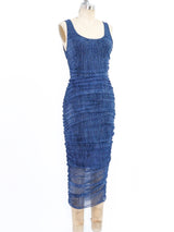Denim Printed Ruched Mesh Tank Dress Dress arcadeshops.com