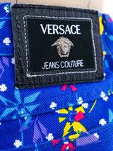 Gianni Versace Cobalt Floral Printed Jeans Bottom arcadeshops.com