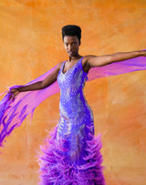 Rubin Panis Feathered Chiffon Tank Gown Dress arcadeshops.com