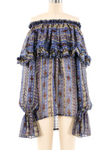 Yves Saint Laurent Blue Paisley Silk Peasant Blouse Top arcadeshops.com