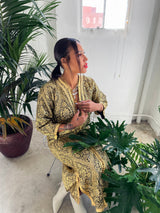 Button Front Metallic Brocade Caftan Dress arcadeshops.com