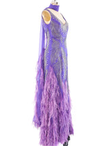 Rubin Panis Feathered Chiffon Tank Gown Dress arcadeshops.com