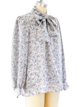 Yves Saint Laurent Silver Jacquard Tie Neck Blouse Top arcadeshops.com