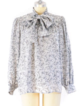 Yves Saint Laurent Silver Jacquard Tie Neck Blouse Top arcadeshops.com