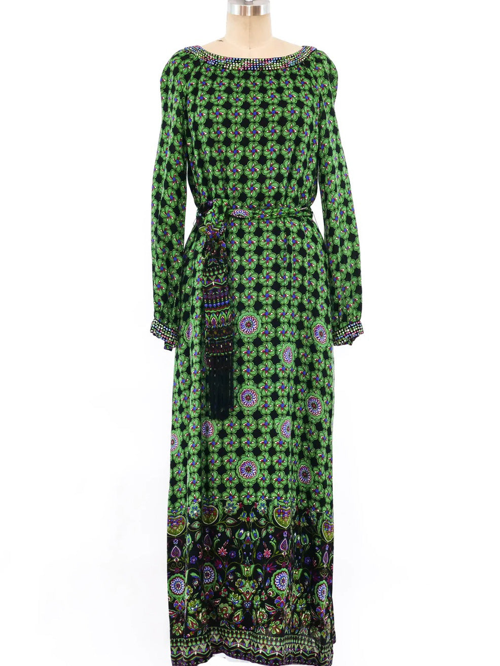 Adele Simpson Green Floral Rhinestone Embellished Dress