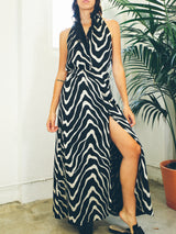 Zebra Striped Ruffled Halter Gown Dress arcadeshops.com