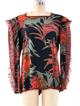 Jeanne Marc Ruffle Sleeve Palm Print Top Top arcadeshops.com