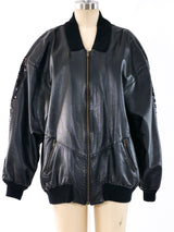 Sequin Trimmed Black Leather Bomber Jacket Jacket arcadeshops.com