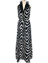 Zebra Striped Ruffled Halter Gown Dress arcadeshops.com