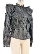 Metallic Gunmetal Ruffle Blouse Top arcadeshops.com