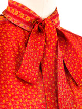 Floral Printed Red Silk Blouse Top arcadeshops.com