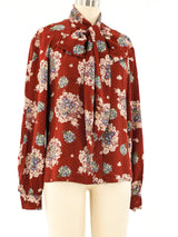 Oscar de la Renta Floral Tie Neck Blouse Top arcadeshops.com