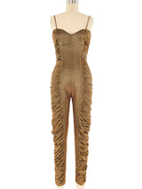 Metallic Bronze Ruffled Catsuit Jumpsuit arcadeshops.com