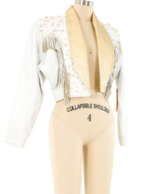 Faux Pearl Embellished Cropped Leather Jacket Jacket arcadeshops.com