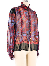 Floral Paisley Printed Silk Ruffle Blouse Top arcadeshops.com