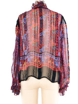 Floral Paisley Printed Silk Ruffle Blouse Top arcadeshops.com