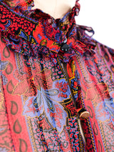 Floral Paisley Printed Silk Ruffle Blouse Top arcadeshops.com