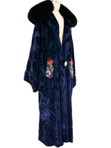 John Galliano Fur Trimmed Floral Velvet Duster Outerwear arcadeshops.com